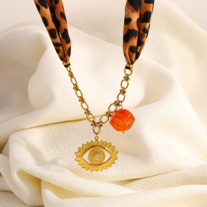 1 Foulard En Soie Imprimé Léopard, Chaîne Œil De Diable, Pendentif En Acier Inoxydable Étanche Pour Femme h5 Image4