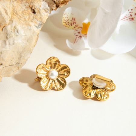 1 paire de boucles d'oreilles à clip pour femme, en acier inoxydable doré, motif floral romantique 2