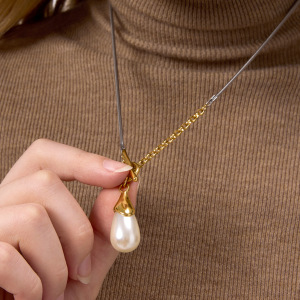 Collier Pendentif Femme En Acier Inoxydable Doré, Imperméable, En Forme De Goutte (1 Pièce) h5 Image3