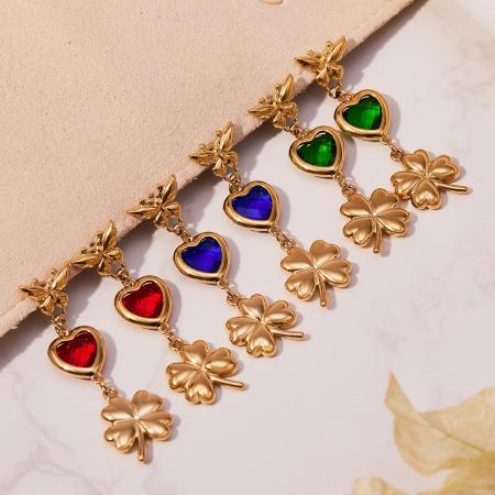 Boucles d'oreilles pendantes élégantes pour femme, en verre, en forme de cœur et de trèfle, en acier inoxydable étanche, couleur or (1 paire).