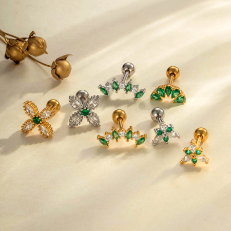 Boucles d'oreilles piercing femme, 1 pièce, en forme de fleur, avec zircon vert, couleur cuivre et or.