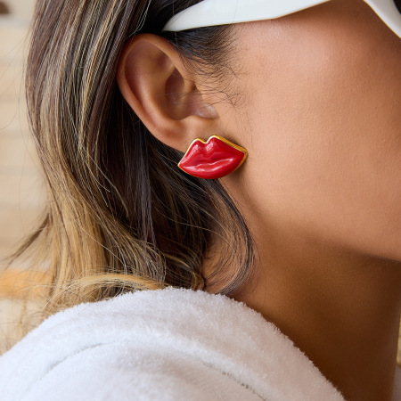 Boucles d'oreilles puces pour femme, en acier inoxydable doré, en forme de lèvres rouges (1 paire).