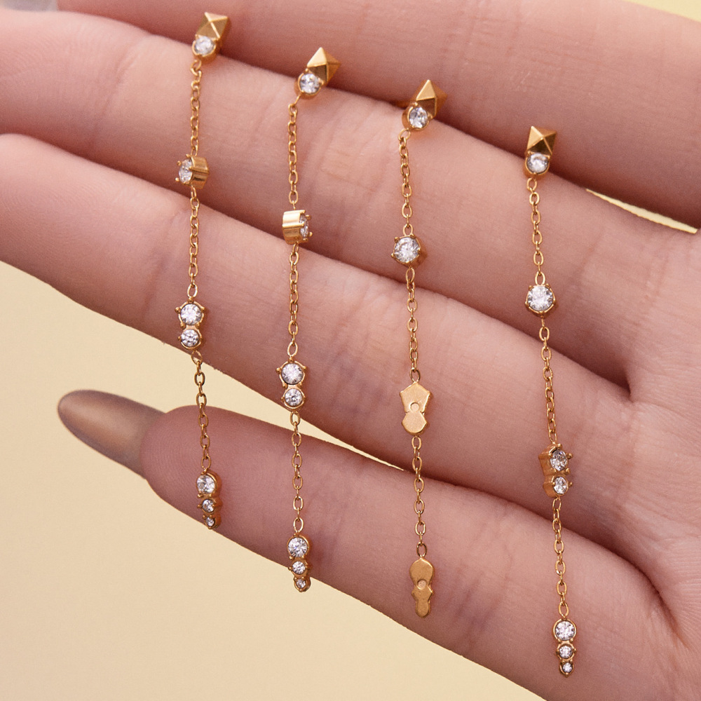 1 Paire De Boucles D'Oreilles Pendantes Pour Femme, En Acier Inoxydable Doré, Imperméables, Ornées De Zircon Et De Pompons Exquis. h5Image4
