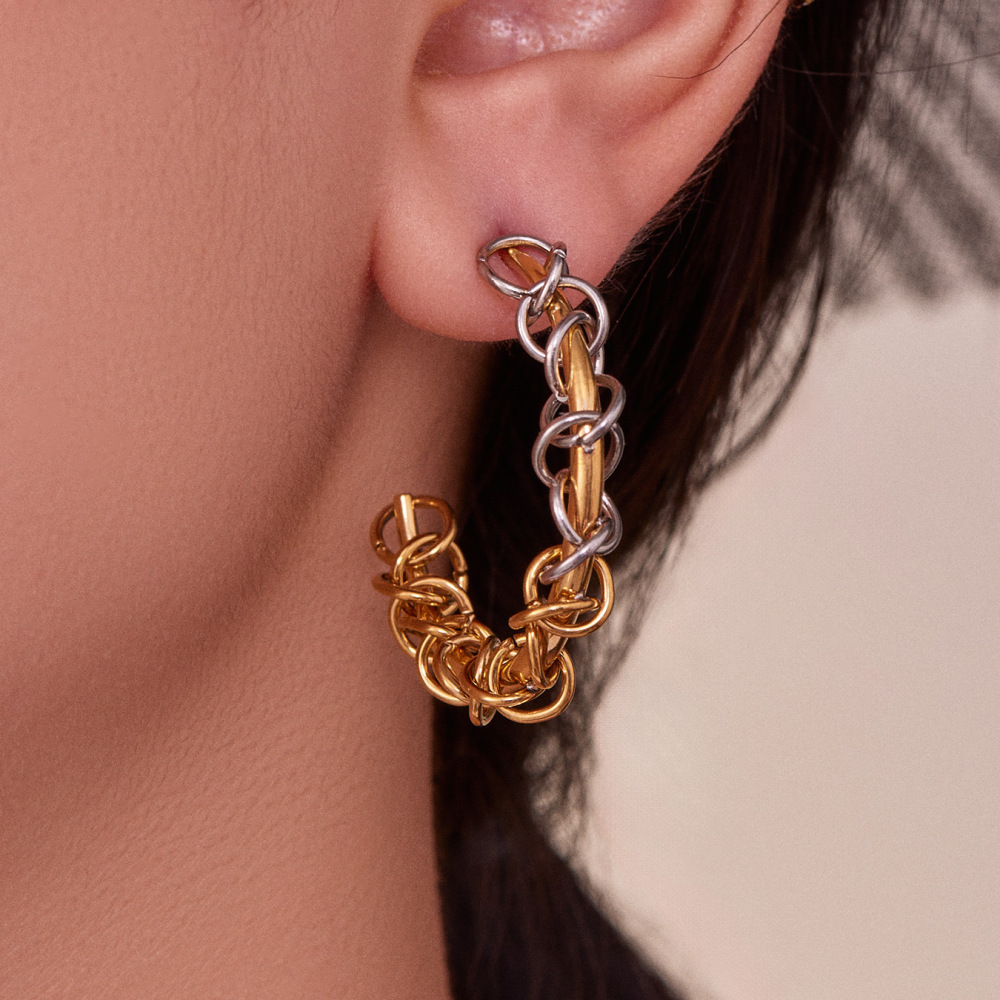 1 Paire De Boucles D'Oreilles Créoles Pour Femme En Acier Inoxydable, Couleurs Or Et Argent Mélangés, Étanches. Image6