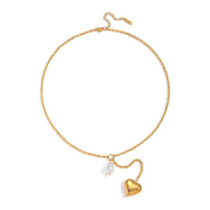 Collier Pendentif En Forme De Cœur, En Acier Inoxydable Étanche, Couleur Or, Avec Perle. h5 Image5
