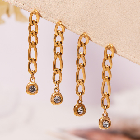 Boucles d'oreilles pendantes pour femme, en acier inoxydable doré, avec zircon et chaîne simple (1 paire).