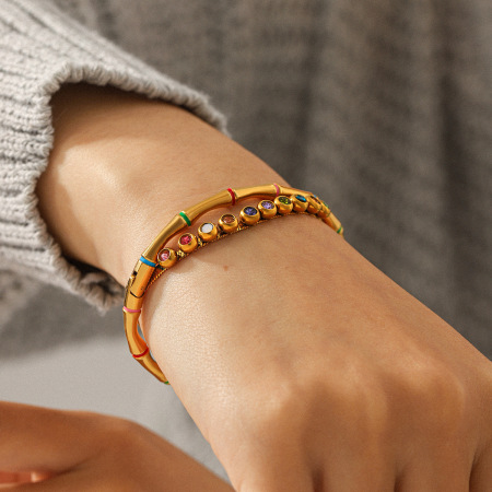 Bracelet pour femme Simple Series Daily Plant en acier inoxydable étanche couleur or avec zircon (1 pièce) 2