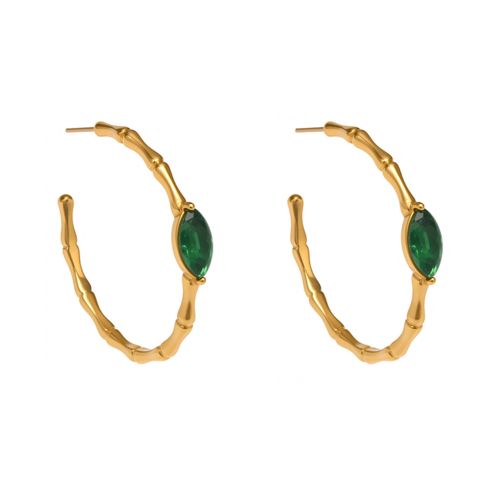 1 Paire De Boucles D'Oreilles Créoles Luxueuses Pour Femmes, En Verre Vert, Acier Inoxydable, Étanches Et Couleur Or.