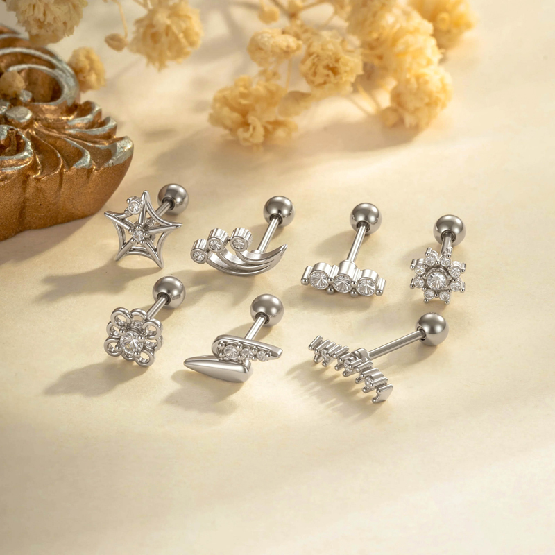 Boucles D'Oreilles Piercing Femme, Simples Et Robustes, Couleur Cuivre Doré, Avec Zircon (1 Pièce). Image3
