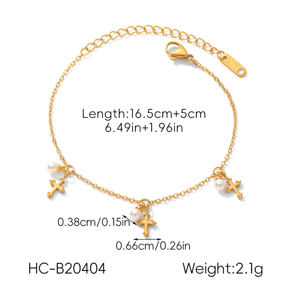 Bracelet À Breloques En Acier Inoxydable Doré, Étanche, Avec Croix Et Perle (1 Pièce). h5Image2