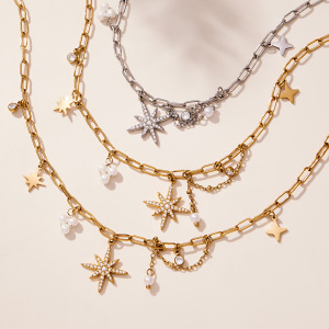 Collier Pendentif Femme En Acier Inoxydable Doré, Orné D'Une Étoile À Huit Branches Et D'Un Zircon, 1 Pièce h5 Image3