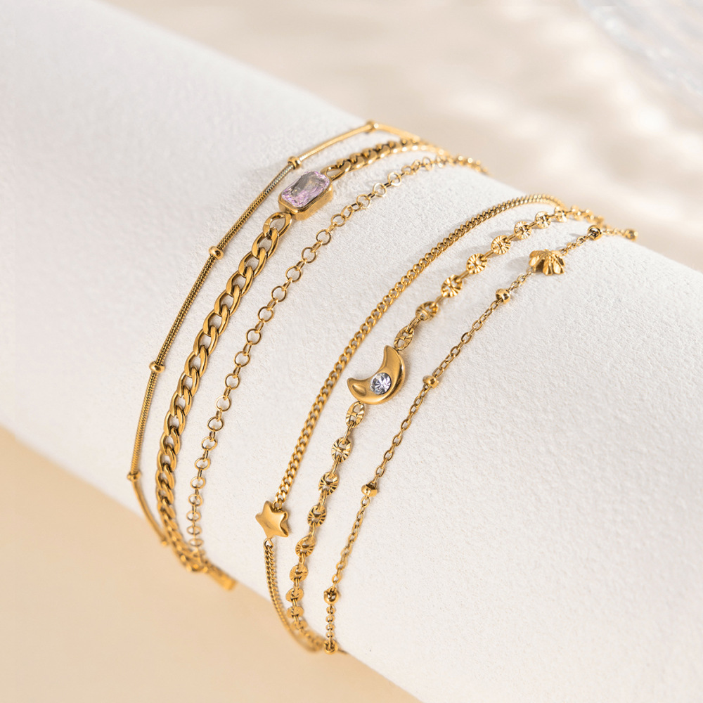 Bracelet Sophistiqué À Trois Rangs En Acier Inoxydable Doré Et Zircon, Étanche, Pour Femme (1 Pièce). h5Image5