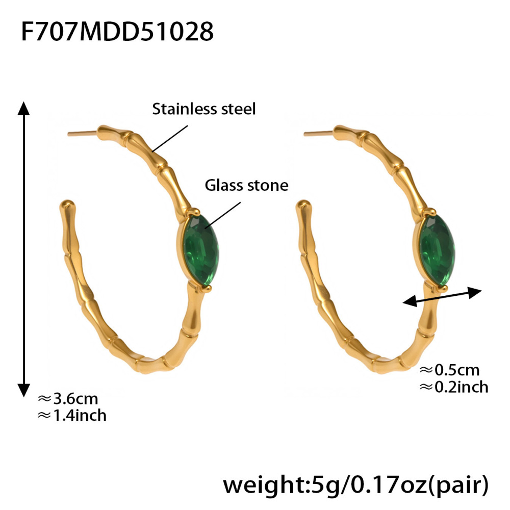 1 Paire De Boucles D'Oreilles Créoles Luxueuses Pour Femmes, En Verre Vert, Acier Inoxydable, Étanches Et Couleur Or. Image2
