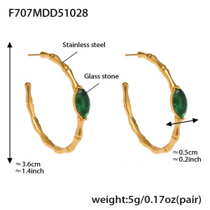 1 Paire De Boucles D'Oreilles Créoles Luxueuses Pour Femmes, En Verre Vert, Acier Inoxydable, Étanches Et Couleur Or. h5 Image2