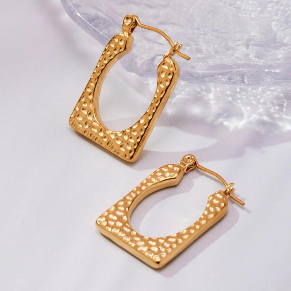 1 Paire De Boucles D'Oreilles Créoles Rectangulaires En Acier Inoxydable Doré, Imperméables, À Motif Martelé. Image4