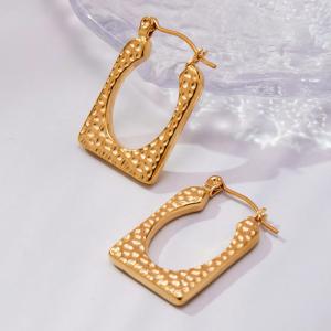 1 Paire De Boucles D'Oreilles Créoles Rectangulaires En Acier Inoxydable Doré, Imperméables, À Motif Martelé. h5 Image4
