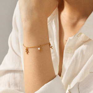 Bracelet À Breloques En Acier Inoxydable Doré, Étanche, Avec Croix Et Perle (1 Pièce). h5 Image4