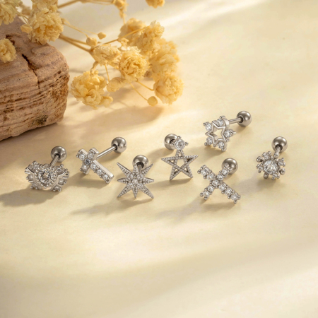 Boucles d'oreilles piercing femme « Étoile brillante » couleur cuivre doré avec zircon (1 pièce) 2