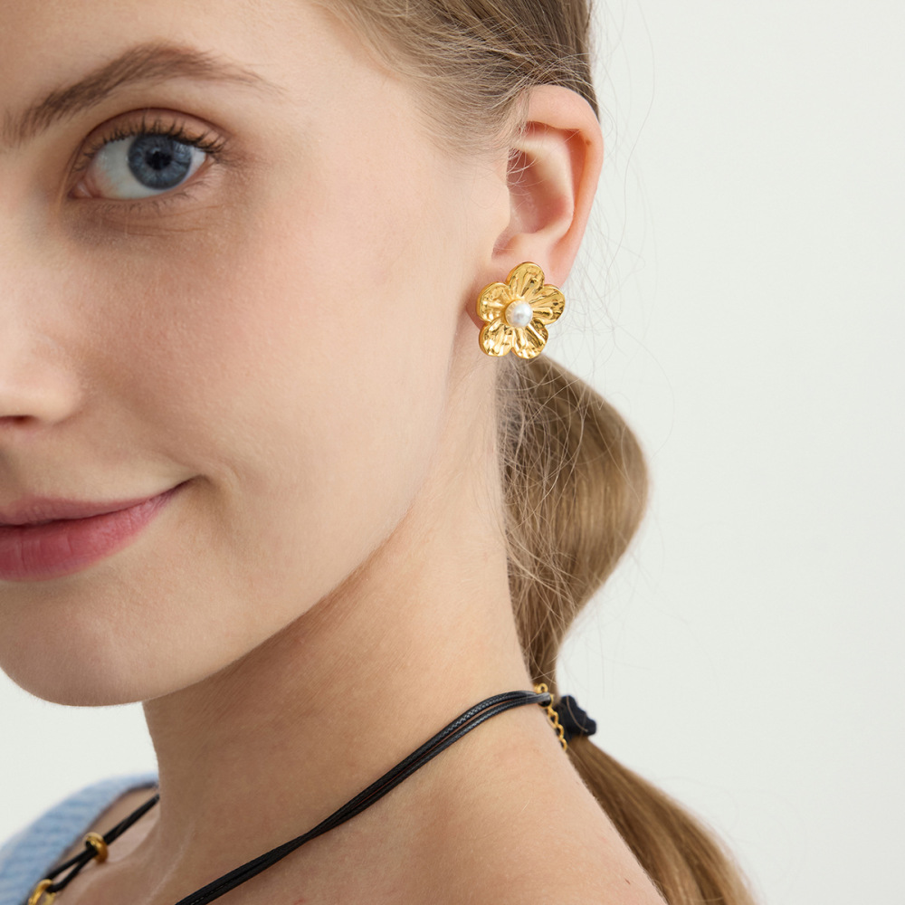 1 Paire De Boucles D'Oreilles À Clip Pour Femme, En Acier Inoxydable Doré, Motif Floral Romantique Image6