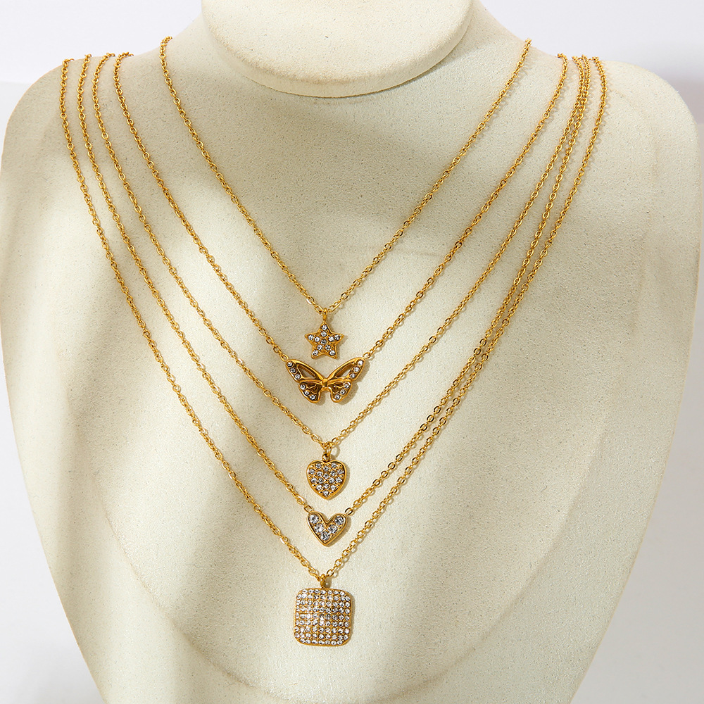 Collier Pendentif Élégant Pour Femme, En Acier Inoxydable, Couleur Or, Avec Pendentif Cœur Et Étoile (1 Pièce) Image4