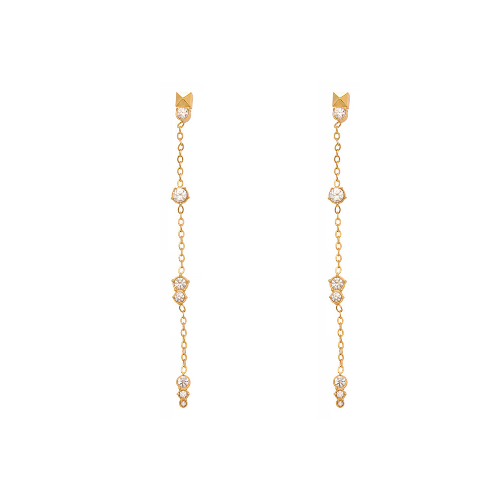 1 Paire De Boucles D'Oreilles Pendantes Pour Femme, En Acier Inoxydable Doré, Imperméables, Ornées De Zircon Et De Pompons Exquis.