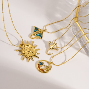 Collier Pendentif Femme En Acier Inoxydable Étanche, Motif Soleil Et Océan, Design Tendance (1 Pièce) h5 Image3