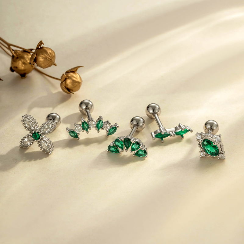 Boucles D'Oreilles Piercing Femme, 1 Pièce, En Forme De Fleur, Avec Zircon Vert, Couleur Cuivre Et Or. h5Image5