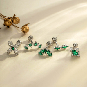 Boucles D'Oreilles Piercing Femme, 1 Pièce, En Forme De Fleur, Avec Zircon Vert, Couleur Cuivre Et Or. h5 Image5