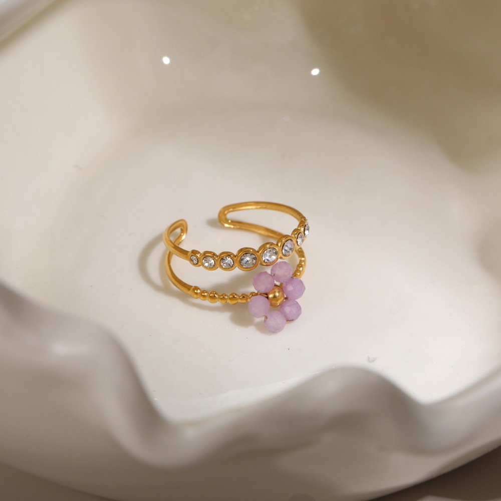 Bague Femme Romantique En Acier Inoxydable Doré, Ornée D'Une Fleur Et D'Une Étoile. Image3