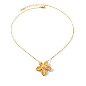 Collier Pendentif Fleur Et Perle En Acier Inoxydable Étanche, Couleur Or (1 Pièce) h5 