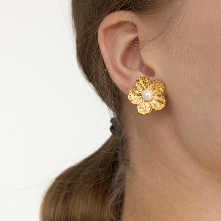 1 paire de boucles d'oreilles à clip pour femme, en acier inoxydable doré, motif floral romantique
