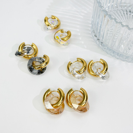 Boucles d'oreilles pendantes rondes en acier inoxydable, étanches, couleur or, avec verre (1 paire)