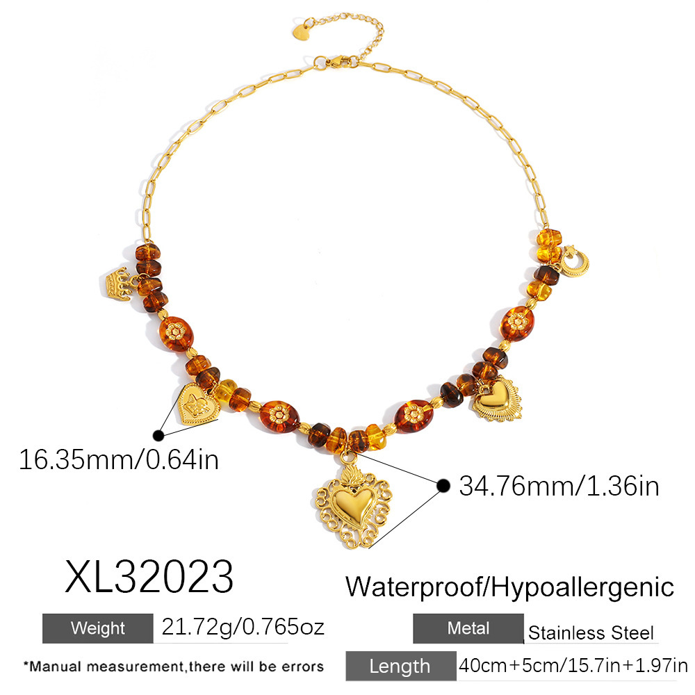 Collier Pendentif Femme Étanche En Acier Inoxydable, Orné De Perles Irrégulières En Forme De Cœur, D'Étoile Et De Lune.