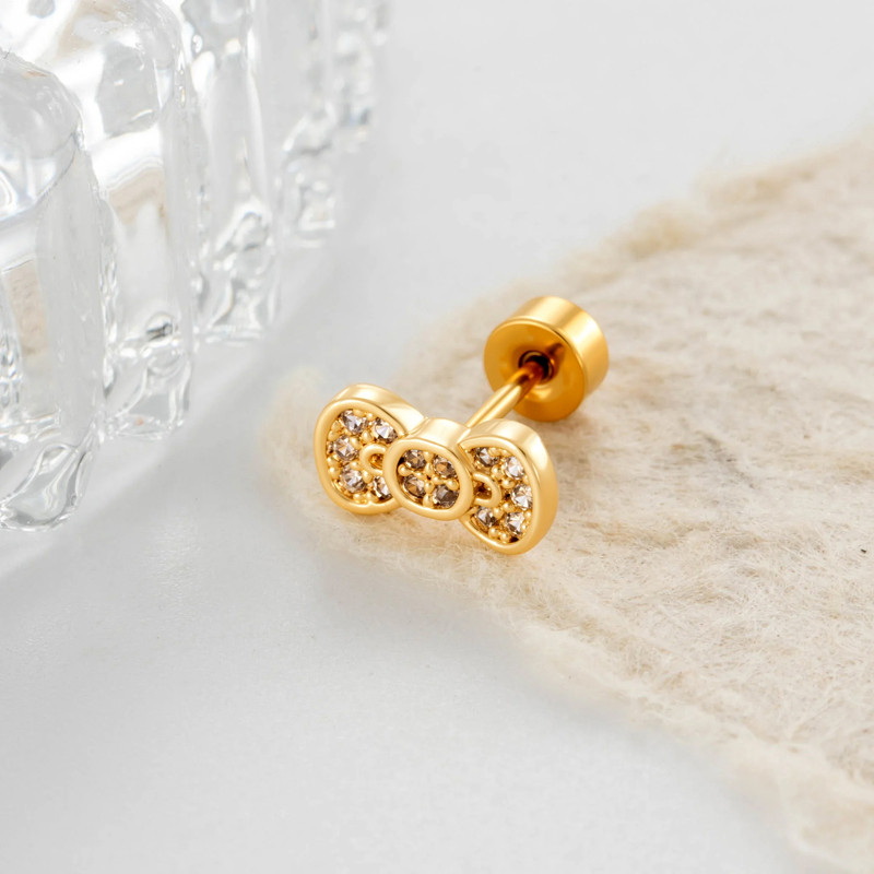 Boucles D'Oreilles Piercing Femme, Nœud Papillon, Couleur Cuivre Doré, Zircon (1 Pièce)