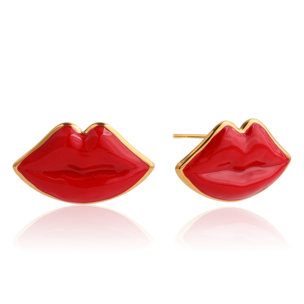 Boucles D'Oreilles Puces Pour Femme, En Acier Inoxydable Doré, En Forme De Lèvres Rouges (1 Paire).