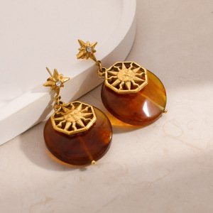 1 Paire De Boucles D'Oreilles Pendantes Ethniques Pour Femme, Motif Soleil Et Étoile, En Acier Inoxydable Étanche. h5 Image3