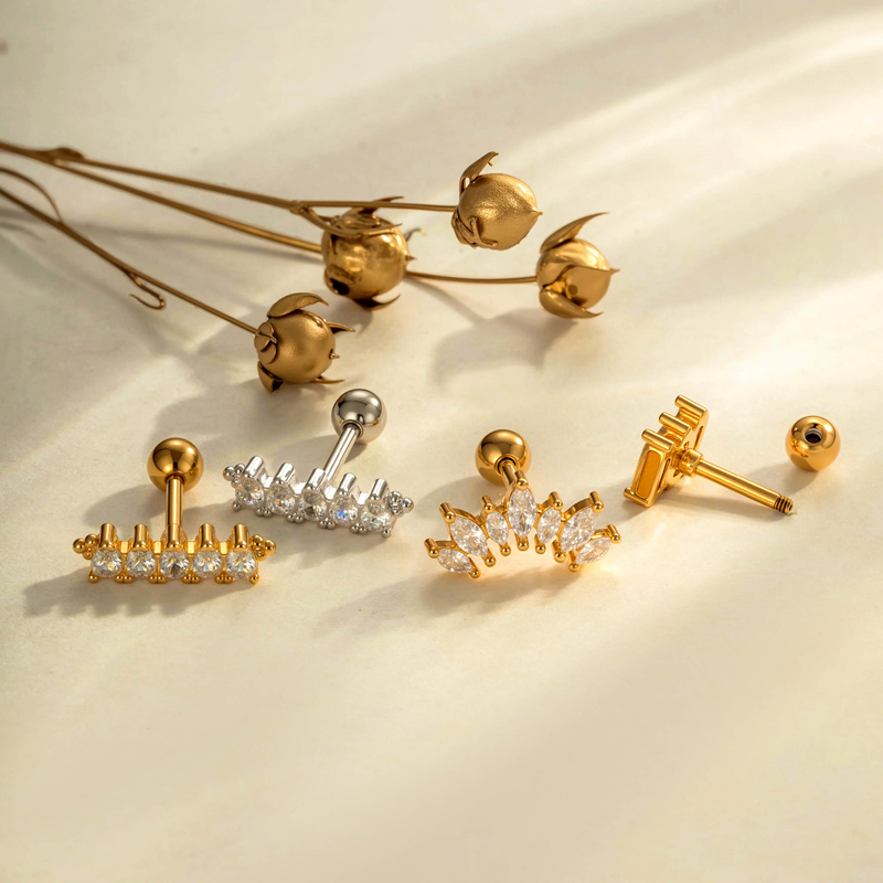Boucles D'Oreilles Piercing Femme, Forme Irrégulière Et Éclatante, Couleur Cuivre Doré, Zircon. h5Image4
