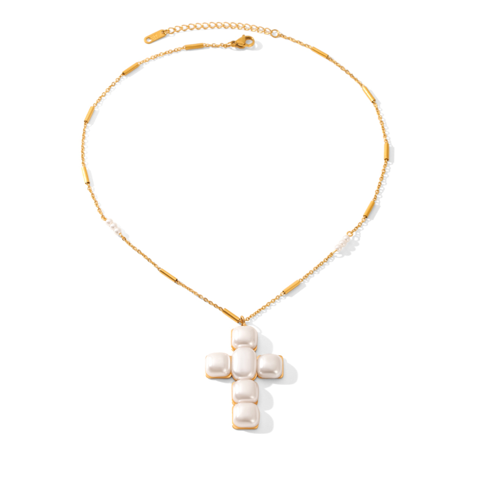 Collier Pendentif Croix Et Perle En Acier Inoxydable Étanche, Couleur Or (1 Pièce)