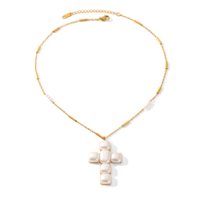 Collier Pendentif Croix Et Perle En Acier Inoxydable Étanche, Couleur Or (1 Pièce) h5