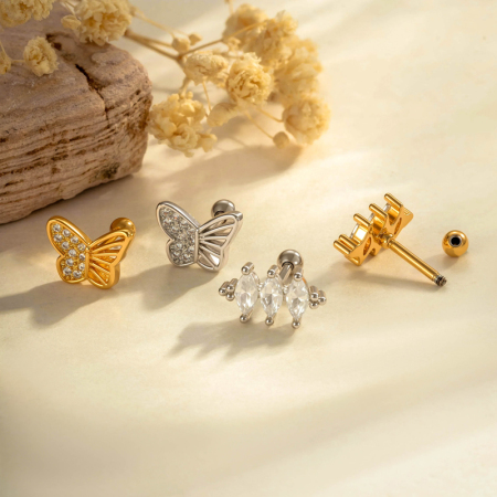 Boucles d'oreilles piercing femme, 1 pièce, forme cœur papillon, couleur cuivre doré, zircon. 2