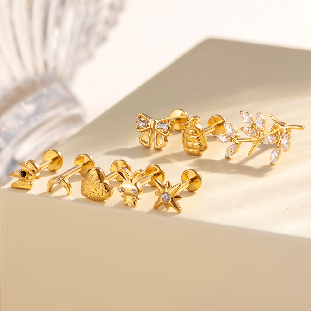 Boucles D'Oreilles Piercing Femme En Alliage De Titane Doré Avec Zircon, Forme Dessin Animé (1 Pièce) h5Image5