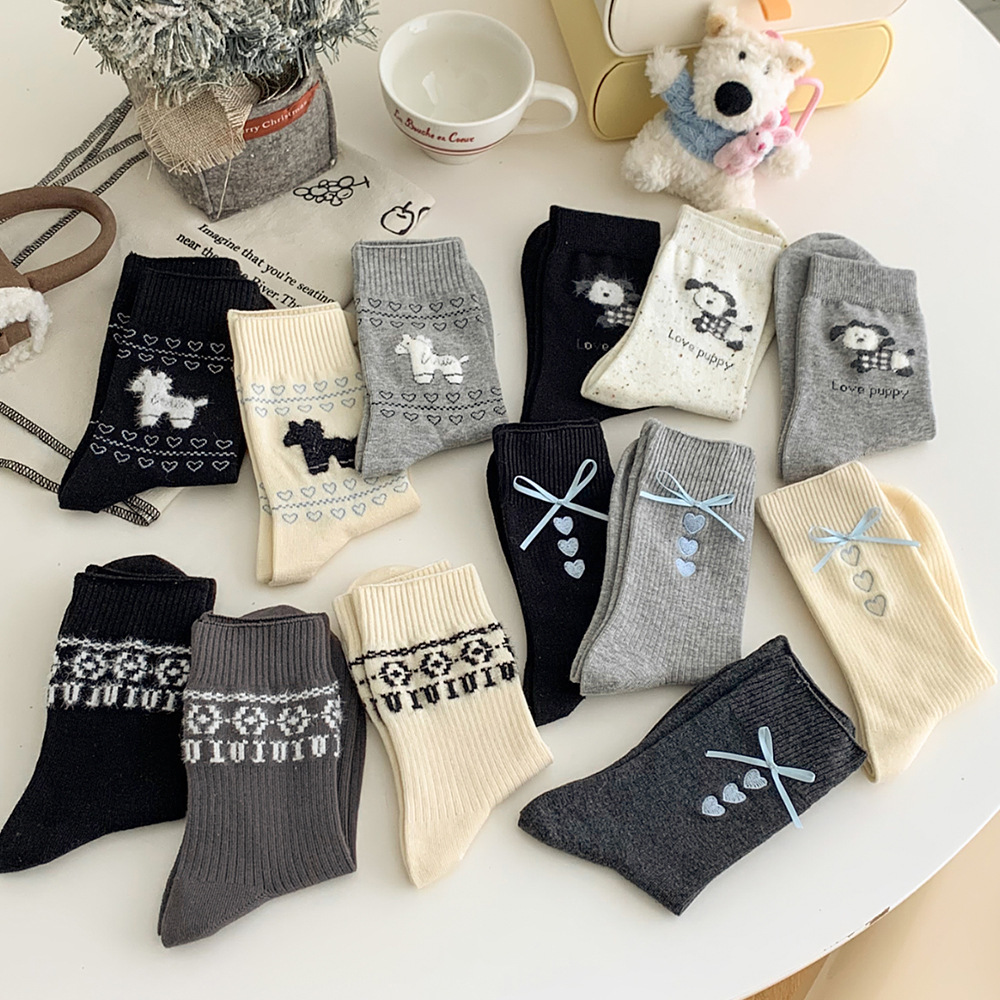 1 Paire De Chaussettes Mi-Mollet À Nœuds Et Cœurs Sur Le Thème Des Chiots Mignons h5Image3