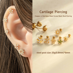 Boucles D'Oreilles Piercing Femme, Motif Feuille Simple, Couleur Cuivre Doré Et Zircon. h5 Image6