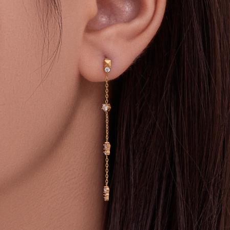 1 paire de boucles d'oreilles pendantes pour femme, en acier inoxydable doré, imperméables, ornées de zircon et de pompons exquis.