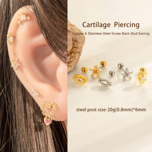 Boucles D'Oreilles Piercing Femme, Motif Fleur En Forme De Cœur, Couleur Cuivre Doré, Zircon (1 Pièce) h5 Image5