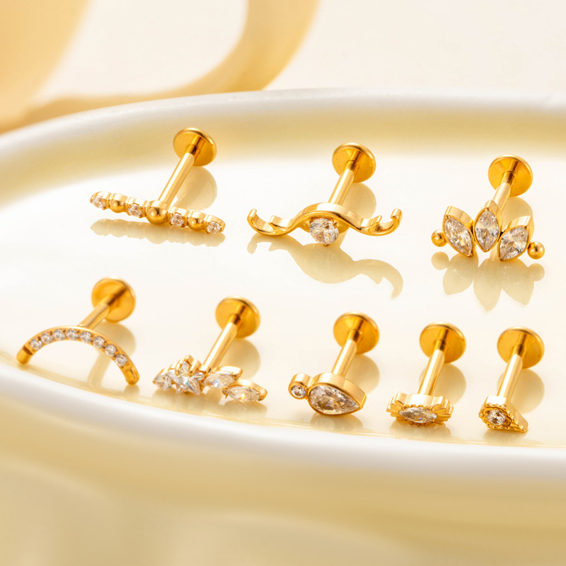 Boucles D'Oreilles Piercing Pour Femme En Alliage De Titane Massif Couleur Or Et Zircon (1 Pièce) h5Image5