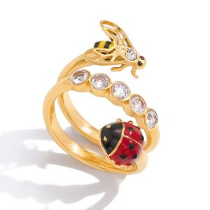 Bague En Acier Inoxydable Doré, Imperméable, Ornée D'Un Zircon Et Ornée D'Un Motif D'Insecte Délicat (1 Pièce). h5