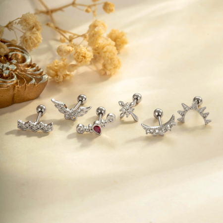 Boucles d'oreilles piercing femme « Ailes brillantes » couleur cuivre doré avec zircon (1 pièce) 2