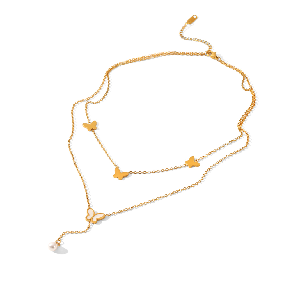 Collier À Plusieurs Rangs En Acier Inoxydable Doré, Orné D'Un Papillon, Imperméable.