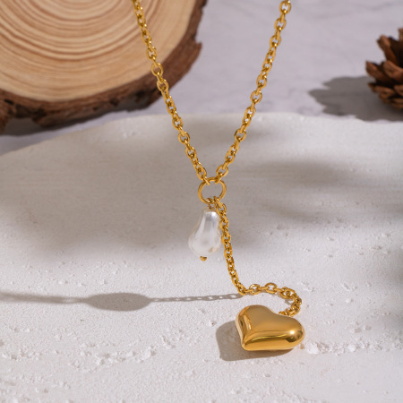 Collier pendentif en forme de cœur, en acier inoxydable étanche, couleur or, avec perle.